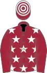 Maroon, white stars on body, hooped cap