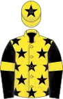 Yellow, black stars, black sleeves, yellow armlets, yellow cap, black star