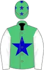 Emerald green, blue star, white sleeves, green cap, blue stars
