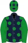Dark blue, green spots and sleeves, green cap, blue spots