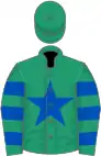 Emerald green, royal blue star, hooped sleeves