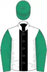 White, black stripe, emerald green sleeves and cap
