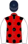 Red, black spots, white sleeves, dark blue cap