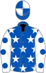 Royal blue, white stars, white sleeves, royal blue spots, royal blue and white quartered cap