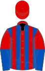 Red and royal blue stripes, halved sleeves, red cap