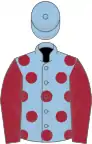 Light blue, maroon spots and sleeves, light blue cap
