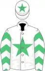 White, emerald green star, chevrons on sleeves, white cap, emerald green star