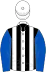 White and black stripes, royal blue sleeves, white cap
