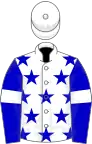 White, blue stars, blue sleeves, white armlets, white cap