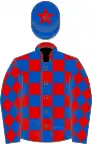 Red and royal blue check, royal blue sleeves, red diamonds, royal blue cap, red star