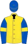 Yellow, royal blue sleeves, yellow armlets, royal blue cap