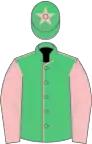 Emerald green, pink seams, sleeves and star on cap