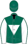 Dark green, white inverted triangle, white sleeves, green seams, green cap
