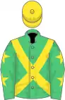 Emerald green, yellow cross belts, emerald green sleeves, yellow stars, yellow cap