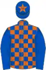 royal blue and orange check, royal blue sleeves, royal blue cap, orange star