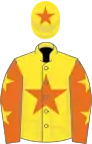 Yellow, orange star, orange sleeves, yellow stars, yellow cap, orange star