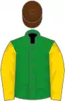 Green, gold sleeves, brown cap