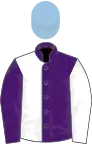 Purple and white (halved), sleeves reversed, light blue cap