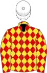 Red and yellow diamonds, white cap