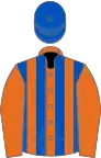 Orange and royal blue stripes, orange sleeves, royal blue cap