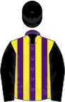 Purple and yellow stripes, black sleeves and cap