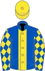 Royal blue, yellow stripe, diamonds on sleeves, yellow cap