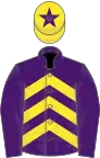 Purple, yellow chevrons, purple sleeves, yellow cap, purple star