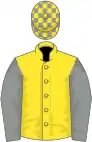 Yellow, grey sleeves, check cap