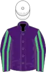 Purple, emerald green striped sleeves, white cap