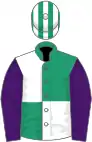 Emerald green and white (quartered), purple sleeves, emerald green and white striped cap