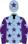 Light blue, purple stars, purple sleeves, light blue stars, light blue cap, purple star