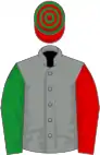 Grey, one red and one green sleeve, red and green hooped cap
