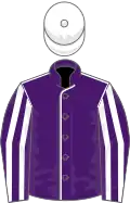 Purple, white seams, striped sleeves, white cap