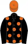 Black, orange spots, black sleeves, orange cap
