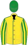 Yellow, green seams, striped sleeves, green cap