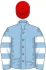 Light blue, white hooped sleeves, red cap