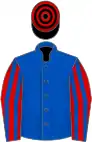 Royal blue, red and royal blue striped sleeves, black and red hooped cap