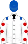 White, royal blue epaulettes, white sleeves, red spots, royal blue cap