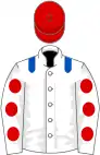 White, royal blue epaulets, white sleeves, red spots, red cap