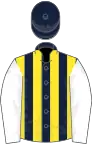 Dark blue and yellow stripes, white sleeves, dark blue cap