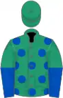 Emerald green, royal blue spots, halved sleeves, emerald green cap