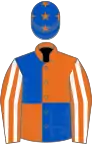 Orange and royal blue (quartered), orange and white striped sleeves, royal blue cap, orange stars
