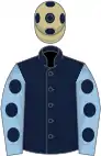 Dark blue, light blue sleeves, dark blue spots, beige cap, dark blue spots