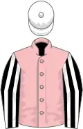 Pink, black and white striped sleeves, white cap