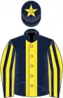 Dark blue, yellow stripe, yellow and dark blue striped sleeves, dark blue cap, yellow star