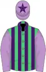 Emerald green and purple stripes, mauve sleeves, mauve cap, purple star