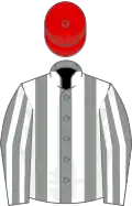 Grey and white stripes, red cap