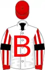 White, red old english 'b', cuffs, cap and striped sleeves, black armlets