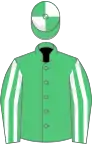 Emerald green, white striped sleeves, quartered cap