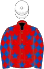 Red, royal blue stars, royal blue sleeves, red diamonds, white cap